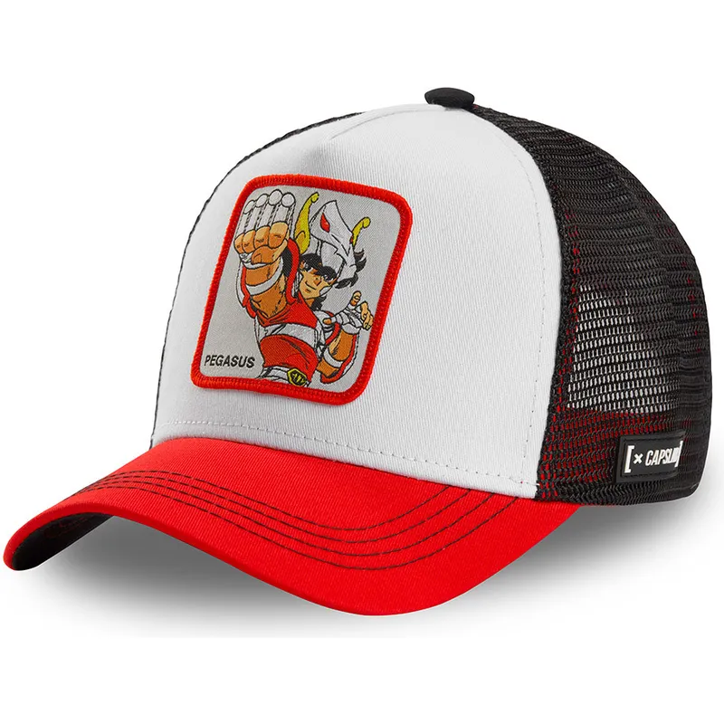 weiss-schwarze-rote-trucker-kappe-seiya-von-pegasus-peg2-saint-seiya-die-ritter-des-zodiac-von-capslab