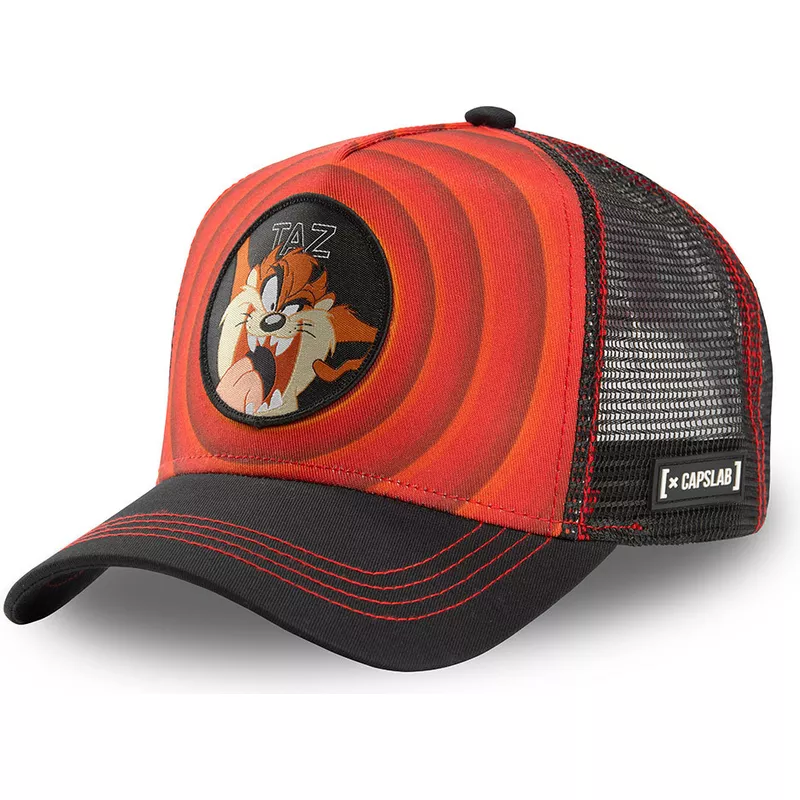 capslab-tasmanian-devil-bullseye-color-rings-loo-taz1-looney-tunes-red-and-black-trucker-hat