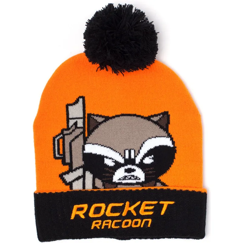 orangefarbene-und-schwarze-mutze-mit-bommel-rocket-raccon-kawaii-art-marvel-comics-von-difuzed