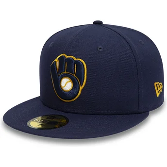Marineblaue, anliegende 59FIFTY Authentic On Field Flat Cap der Milwaukee Brewers MLB von New Era