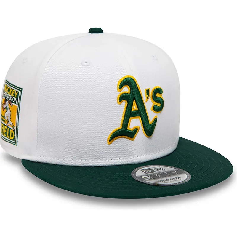 shapka-ploska-byala-snapbek-rickey-henderson-9fifty-crown-patches-na-oakland-athletics-mlb-ot-new-era