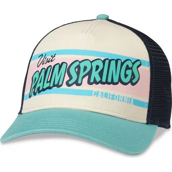 American Needle Palm Springs California Sinclair Бежова, тъмносиня и зелена шапка тракер с плоска козирка