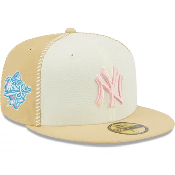 New Era Flat Brim Pink Logo 59FIFTY Seam Stitch New York Yankees MLB Beige Fitted Cap
