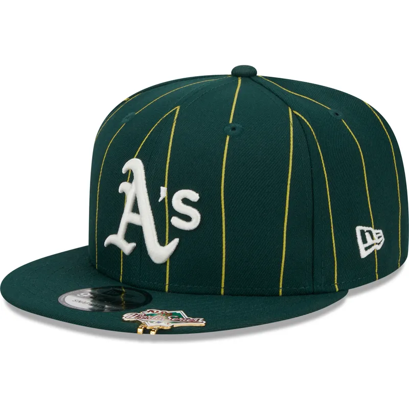 shapka-ploska-zelena-snapbek-9fifty-pinstripe-visor-clip-na-oakland-athletics-mlb-ot-new-era