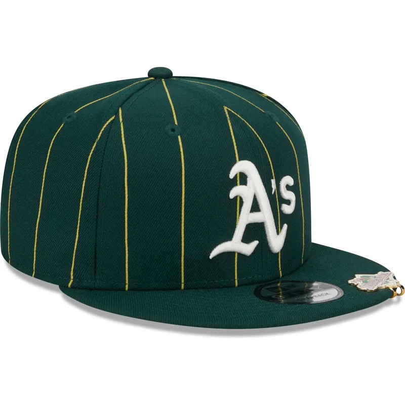 shapka-ploska-zelena-snapbek-9fifty-pinstripe-visor-clip-na-oakland-athletics-mlb-ot-new-era