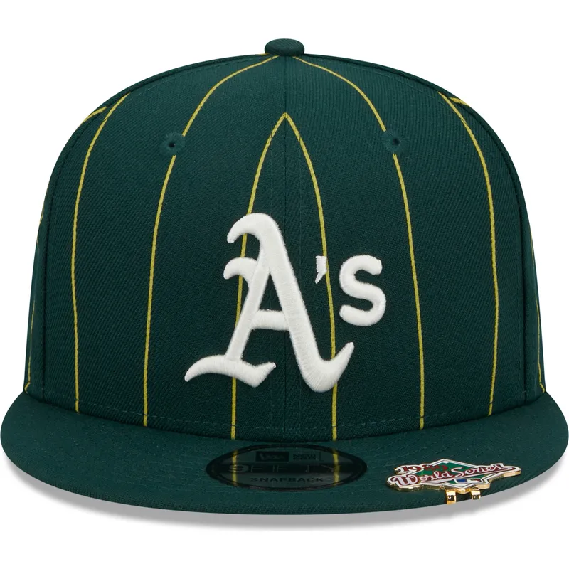 shapka-ploska-zelena-snapbek-9fifty-pinstripe-visor-clip-na-oakland-athletics-mlb-ot-new-era