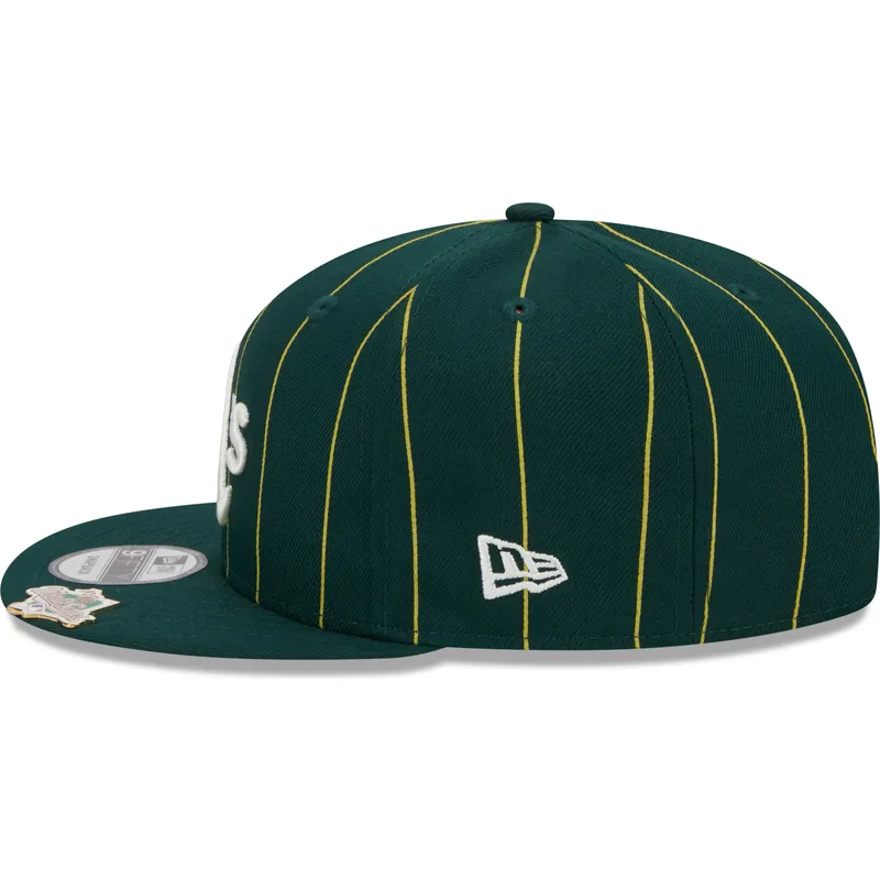 shapka-ploska-zelena-snapbek-9fifty-pinstripe-visor-clip-na-oakland-athletics-mlb-ot-new-era