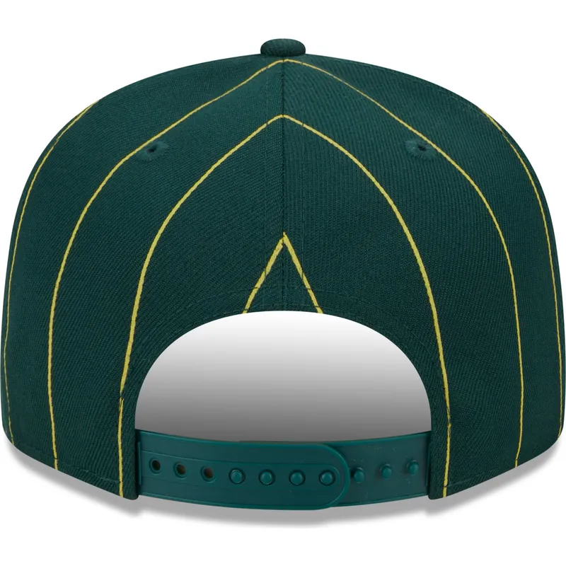shapka-ploska-zelena-snapbek-9fifty-pinstripe-visor-clip-na-oakland-athletics-mlb-ot-new-era