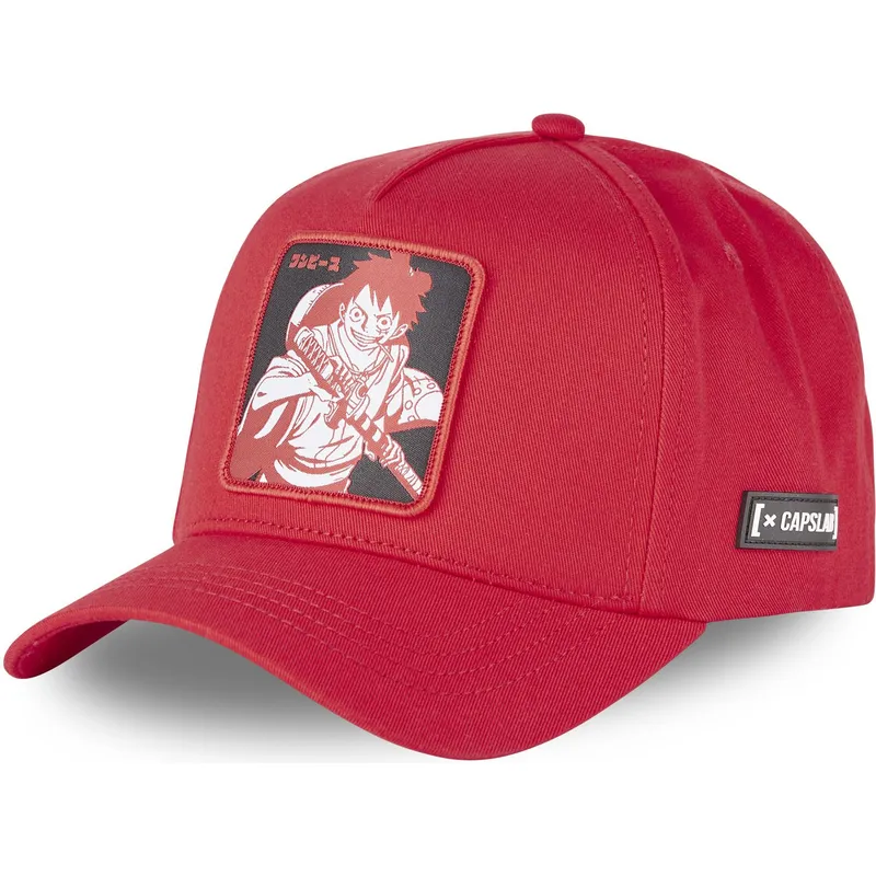 rote-snapback-cap-mit-gebogenem-schirm-monkey-d-luffy-luf9-one-piece-von-capslab