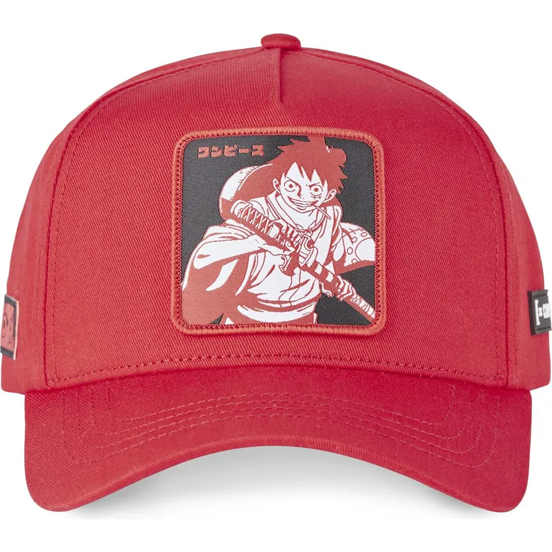 rote-snapback-cap-mit-gebogenem-schirm-monkey-d-luffy-luf9-one-piece-von-capslab