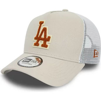 New Era Brown Logo A Frame Boucle Los Angeles Dodgers MLB Beige and White Trucker Hat
