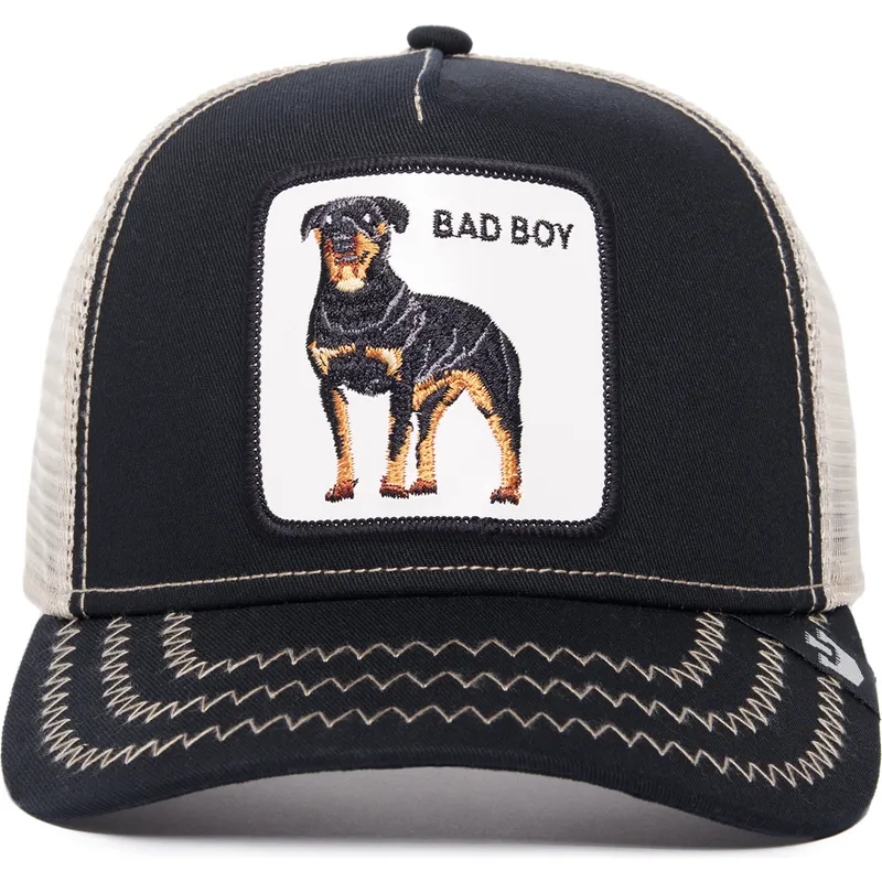 sort-og-hvid-trucker-kasket-med-rottweiler-hund-bad-boy-the-baddest-boy-the-farm-fra-goorin-bros