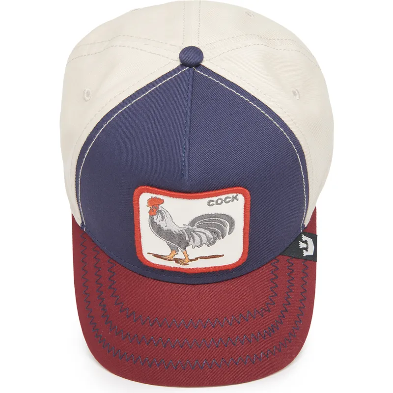 dunkelblaue-beige-und-rote-curved-cap-snapback-hahn-cock-all-american-rooster-100-the-farm-all-over-canvas-von-goorin-bros