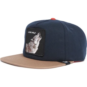 Flad kasket marineblå og brun snapback ulv Lone Wolf One Pack The Farm Flats fra Goorin Bros.