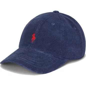 Polo Ralph Lauren Curved Brim Red Logo Cotton Terry Classic Sport Navy Blue Adjustable Cap