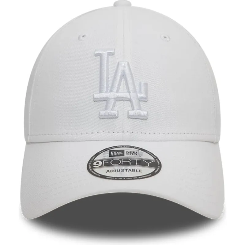 hvid-justerbar-buet-kasket-med-hvidt-logo-9forty-league-essential-fra-los-angeles-dodgers-mlb-fra-new-era