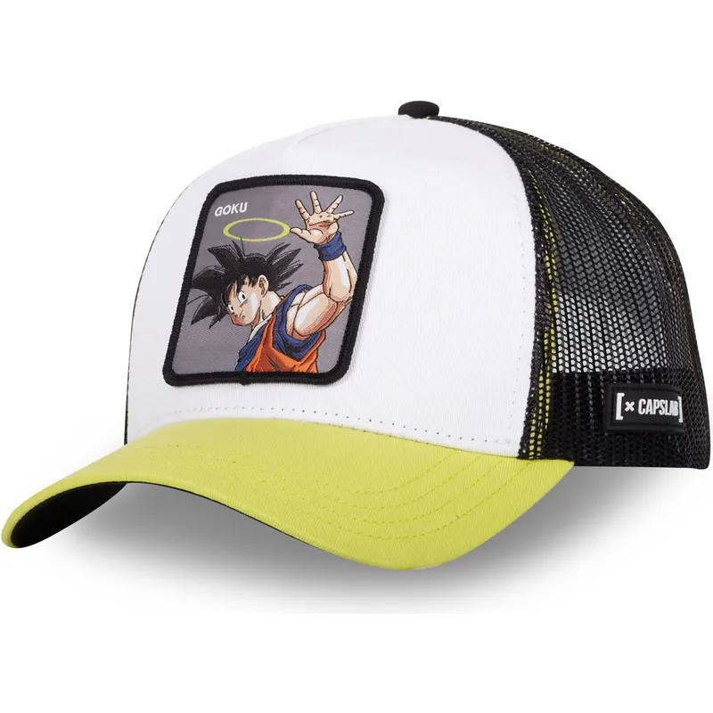 weisse-schwarze-und-gelbe-trucker-kappe-son-goku-ang-dragon-ball-von-capslab