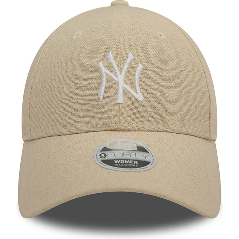 beige-gebogene-verstellbare-damenkappe-9forty-linen-der-new-york-yankees-mlb-von-new-era