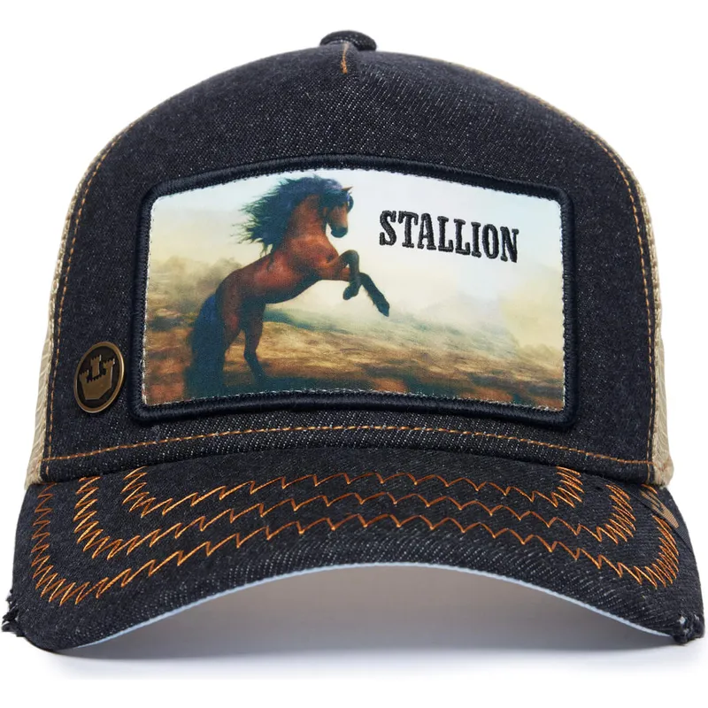 sort-og-beige-trucker-cap-med-hest-stallion-model-nr-5741110n-rodeo-the-farm-af-goorin-bros