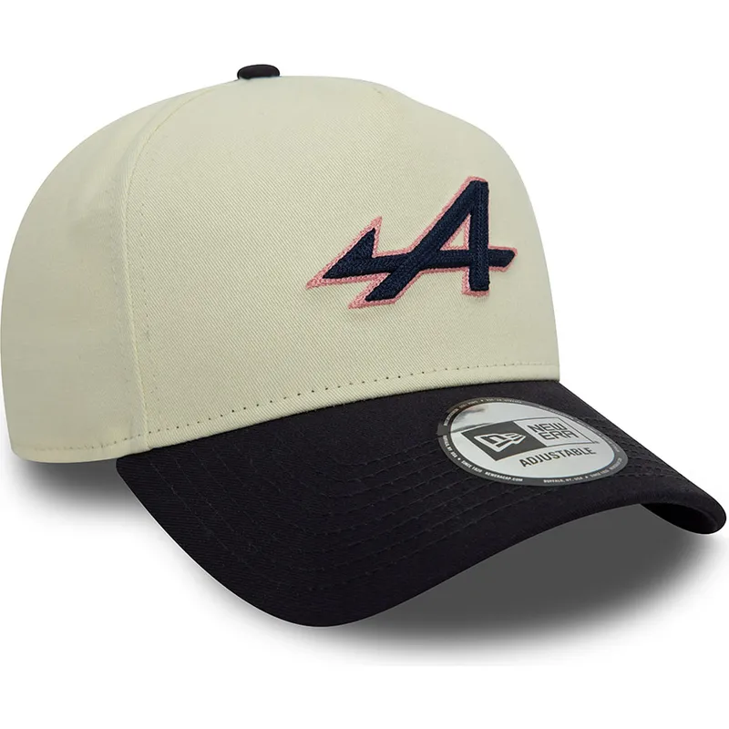hvid-og-marinebla-snapback-kasket-med-buet-skygge-e-frame-chain-stitch-fra-alpine-f1-team-formula-1-fra-new-era