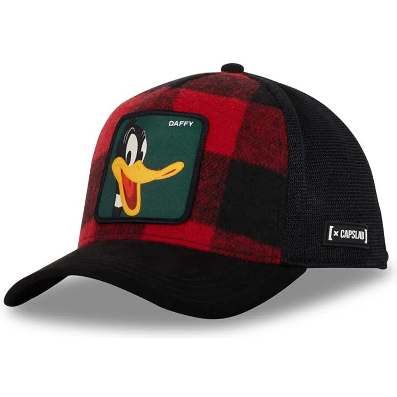 rote-und-schwarze-trucker-kappe-daffy-duck-loo10-lum-looney-tunes-von-capslab