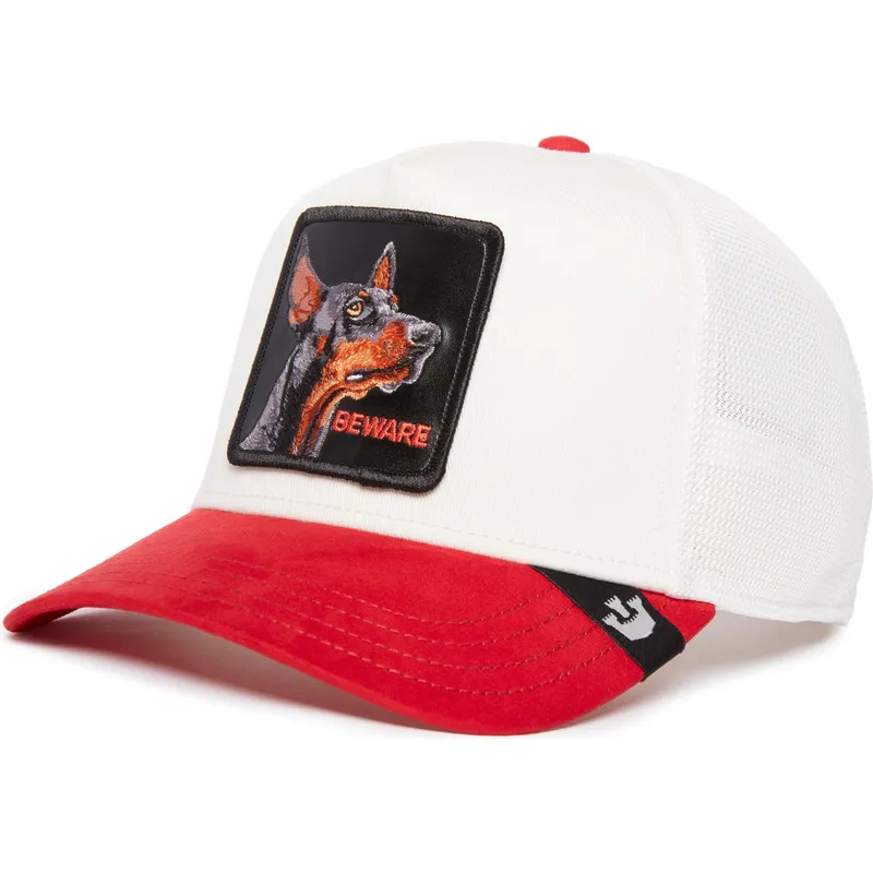 trucker-cap-weiss-und-rot-dobermann-hund-beware-the-suede-doberman-the-farm-von-goorin-bros