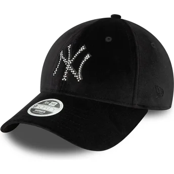 New Era New York Yankees MLB 9FORTY Velour Diamante justerbar sort buet kasket til kvinder