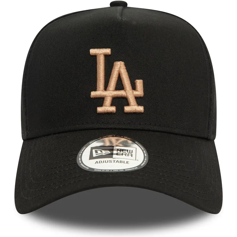 schwarze-gebogene-snapback-kappe-mit-beigem-logo-9forty-e-frame-league-essential-der-los-angeles-dodgers-mlb-von-new-era