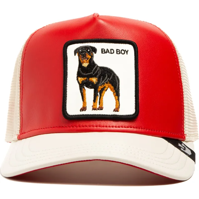 trucker-kasket-rod-og-hvid-hund-rottweiler-bad-shleather-boy-the-farm-fra-goorin-bros