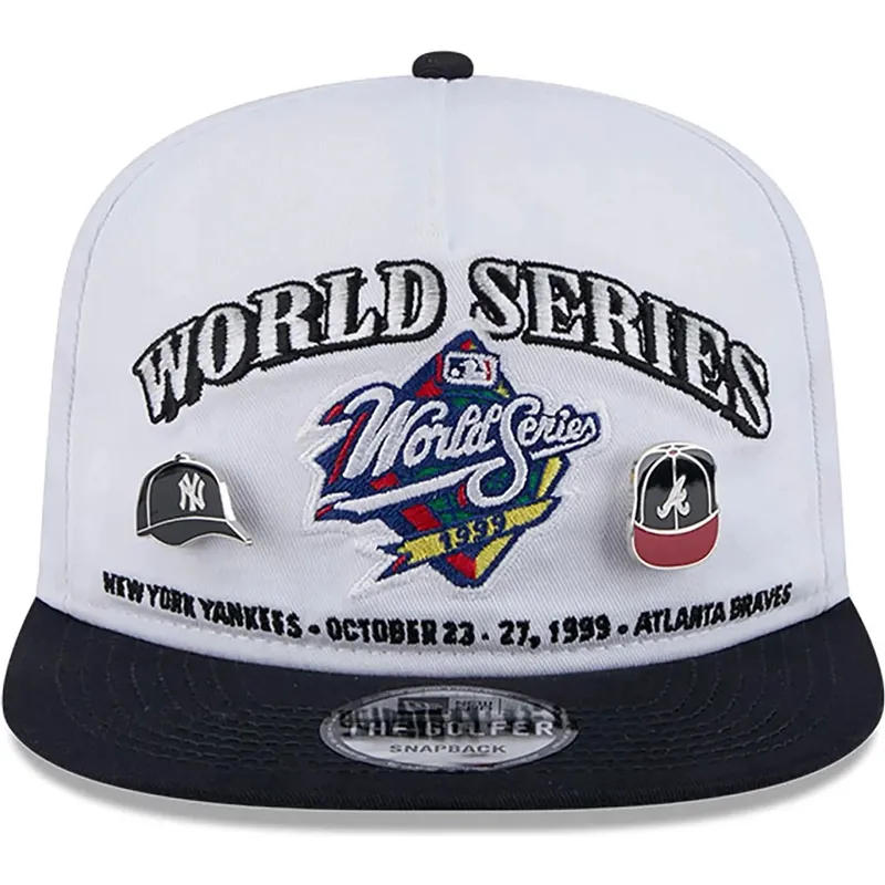 weisse-und-schwarze-flache-snapback-kappe-golfer-championship-pin-von-new-york-yankees-atlanta-braves-mlb-von-new-era