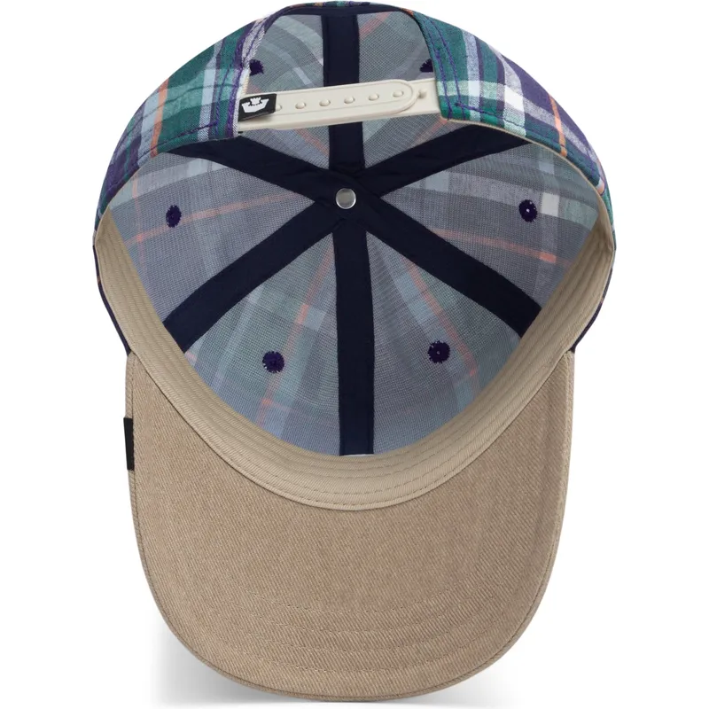goorin-bros-curved-brim-hardly-working-papa-cap-madras-the-farm-marinebla-og-brun-snapback-kasket