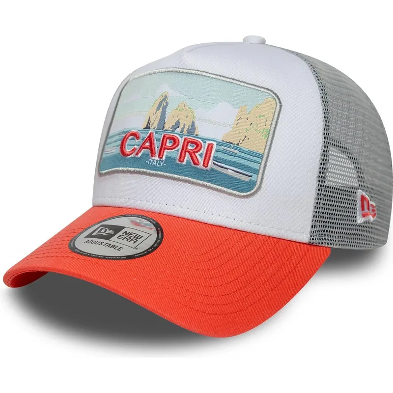 hvid-og-orange-trucker-kasket-capri-italy-a-frame-summer-fra-new-era