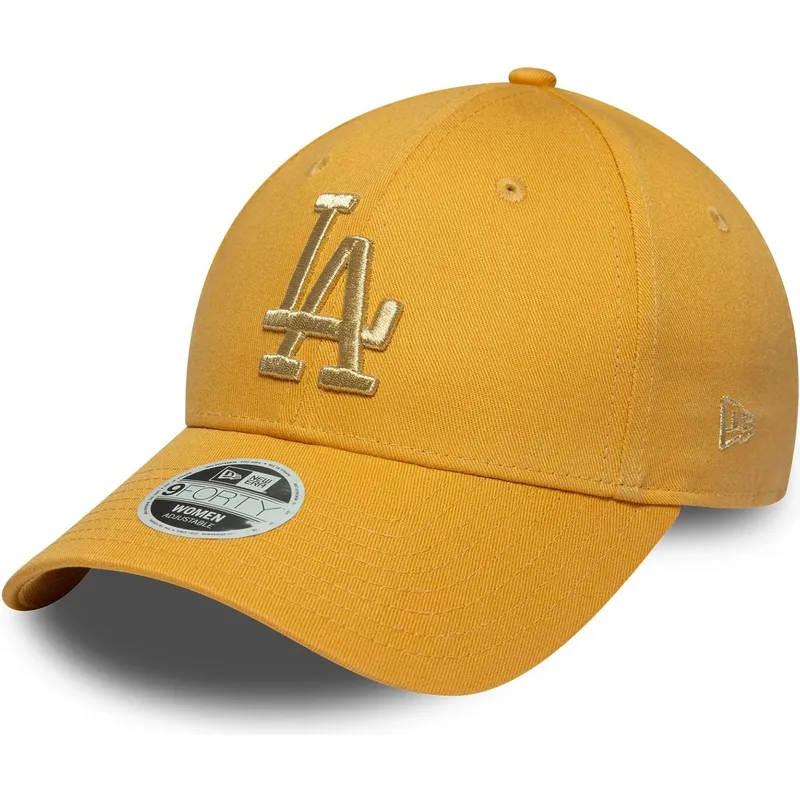 gelbe-gebogene-verstellbare-damenkappe-9forty-metallic-logo-der-los-angeles-dodgers-mlb-von-new-era