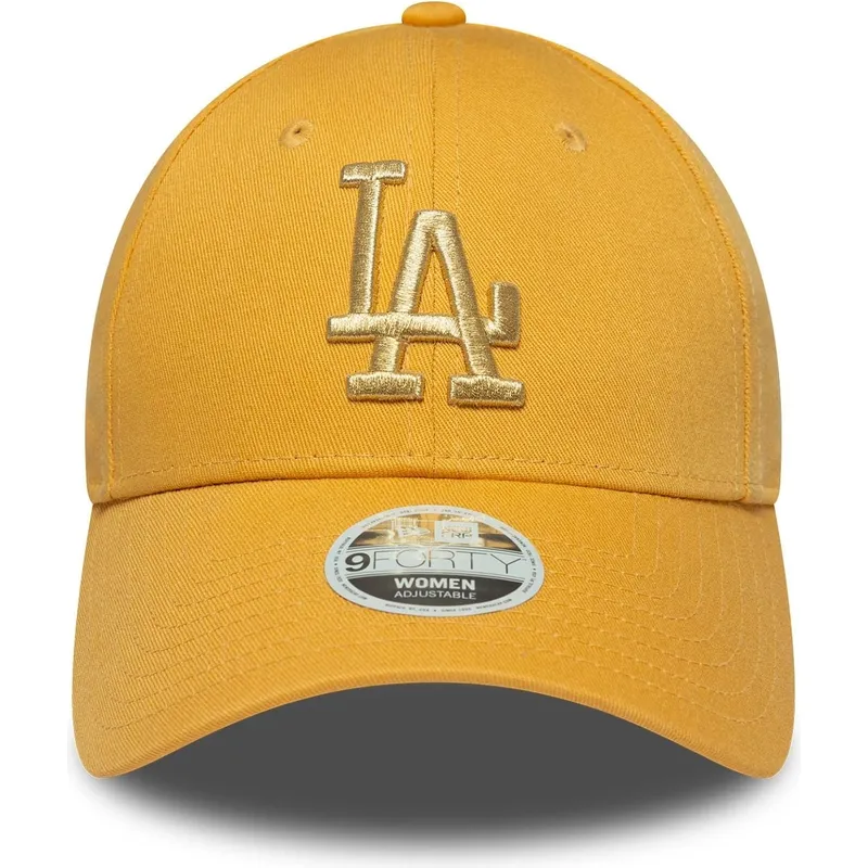 gelbe-gebogene-verstellbare-damenkappe-9forty-metallic-logo-der-los-angeles-dodgers-mlb-von-new-era