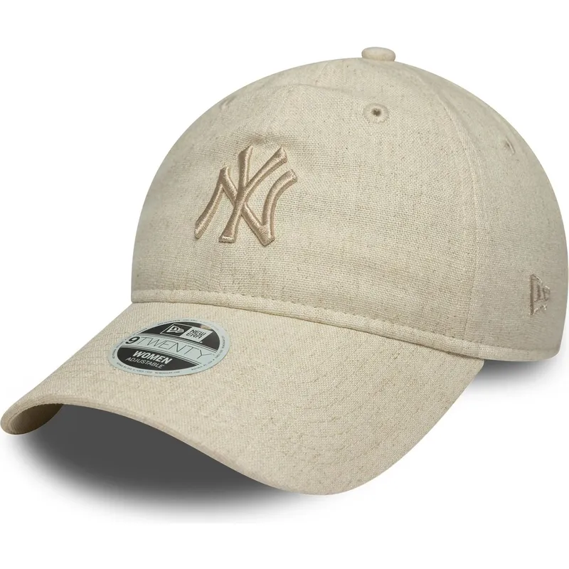 beige-justerbar-kvindekasket-med-buet-skygge-og-beige-logo-9twenty-linen-fra-new-york-yankees-mlb-af-new-era
