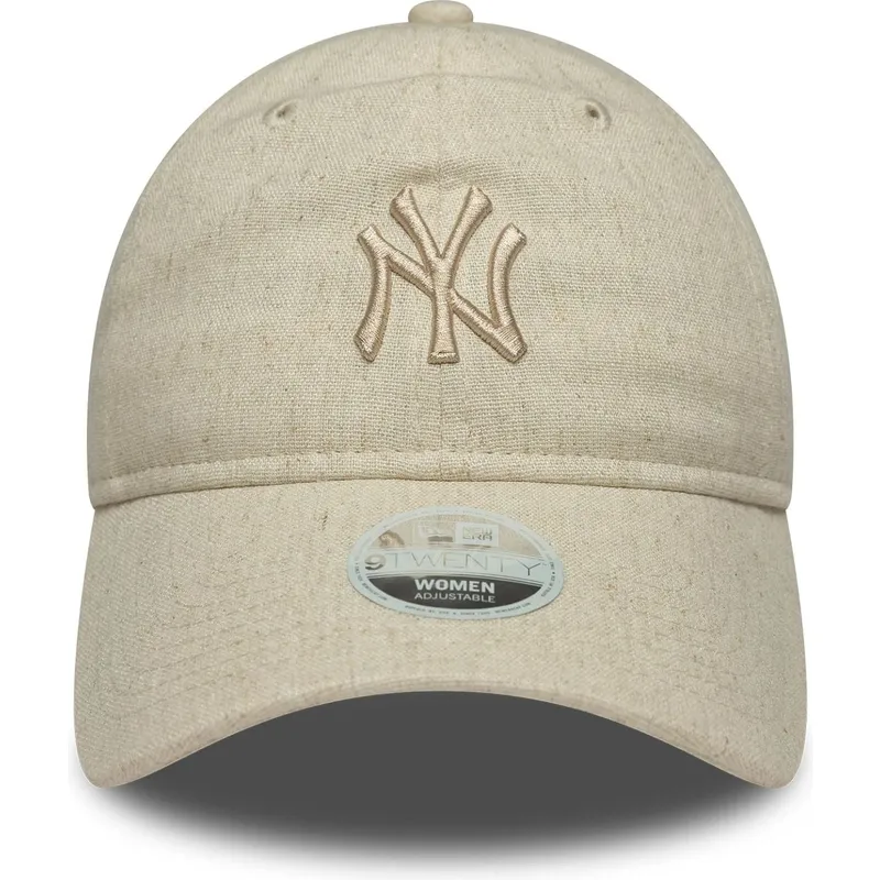 beige-justerbar-kvindekasket-med-buet-skygge-og-beige-logo-9twenty-linen-fra-new-york-yankees-mlb-af-new-era