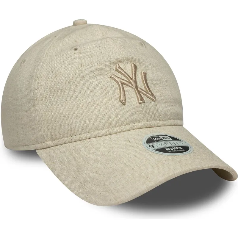 beige-justerbar-kvindekasket-med-buet-skygge-og-beige-logo-9twenty-linen-fra-new-york-yankees-mlb-af-new-era