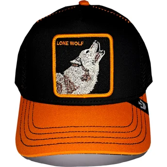 Sort og orange trucker kasket med ulvemotiv Solo Wolf Fab...