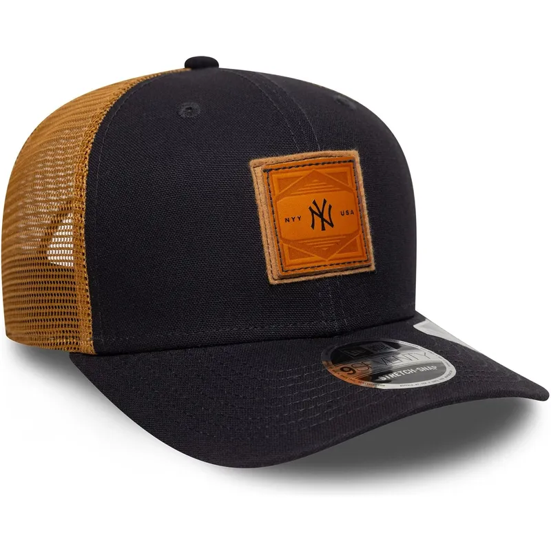 marineblaue-und-braune-trucker-kappe-9seventy-stretch-snap-debossed-logo-der-new-york-yankees-mlb-von-new-era