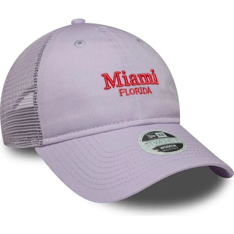 verstellbare-violette-trucker-kappe-fur-damen-9twenty-city-miami-stadte-und-strande-von-new-era