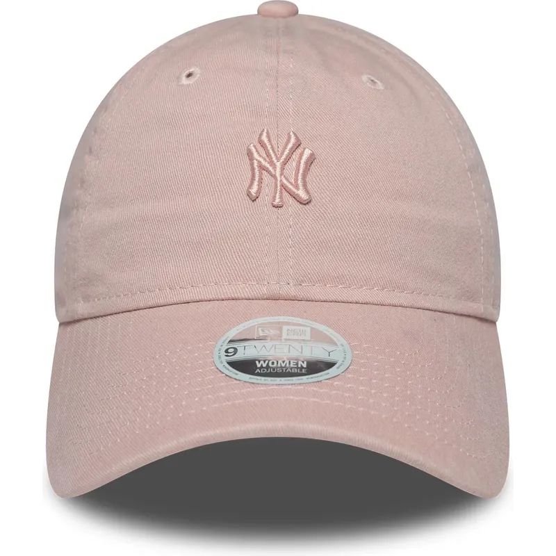 gebogene-rosa-verstellbare-damenkappe-mit-rosa-logo-9twenty-mini-washed-von-new-york-yankees-mlb-von-new-era