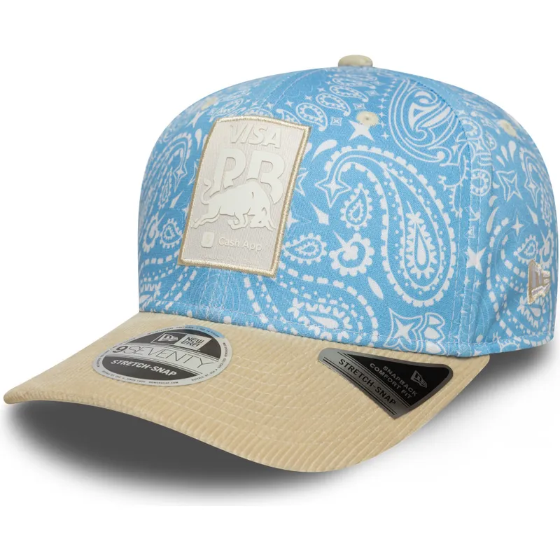 blaue-und-beige-gebogene-kappe-snapback-9seventy-stretch-snap-lifestyle-von-racing-bulls-f1-team-formula-1-von-new-era