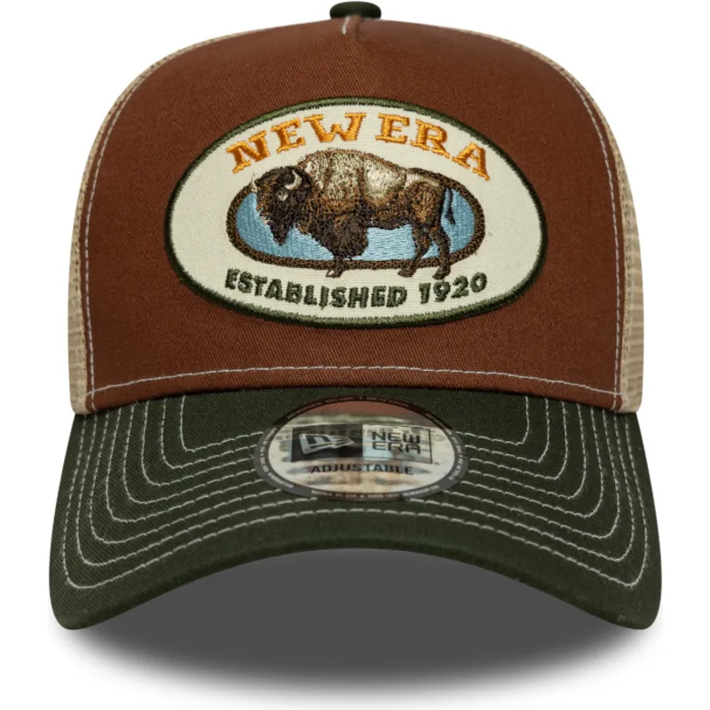 shapka-izvita-shapka-traker-mnogocveten-snapbek-marron-a-frame-animal-patch-na-bufalo-ot-new-era