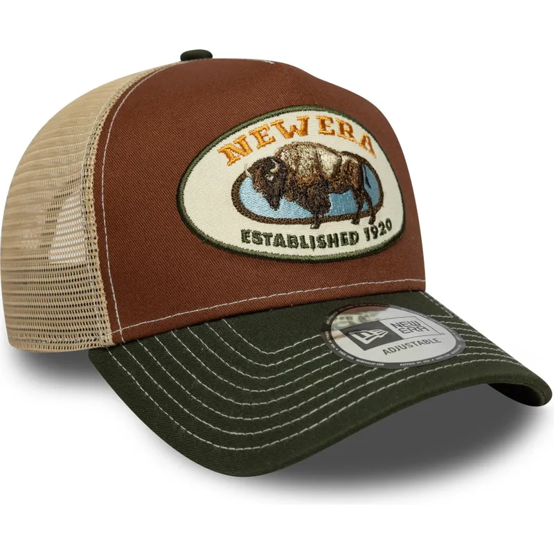 shapka-izvita-shapka-traker-mnogocveten-snapbek-marron-a-frame-animal-patch-na-bufalo-ot-new-era