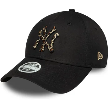 New York Yankees MLB 9FORTY Leopard Infill sort justerbar kvindekasket med buet skygge fra New Era