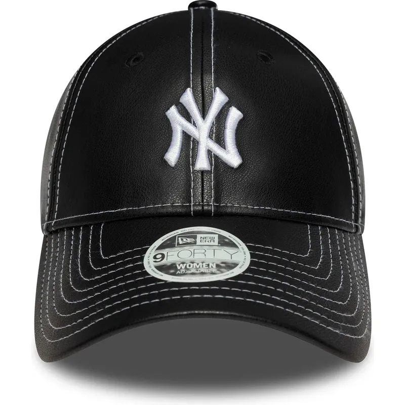schwarze-gebogene-verstellbare-damenkappe-9forty-topstitch-pu-der-new-york-yankees-mlb-von-new-era