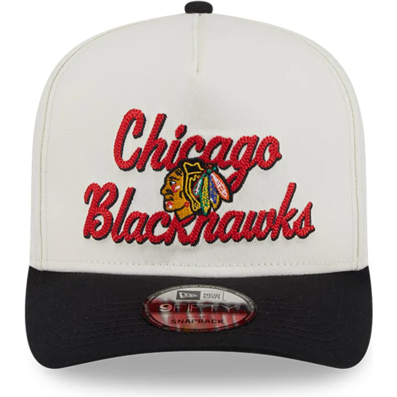 beige-und-schwarze-gebogene-snapback-kappe-9fifty-a-frame-chainstitch-der-chicago-blackhawks-nhl-von-new-era