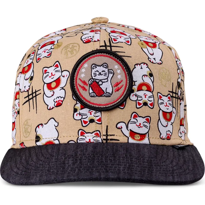 shapka-ploska-bezhov-snapbek-za-deca-lucky-cat-linen-ot-djinns