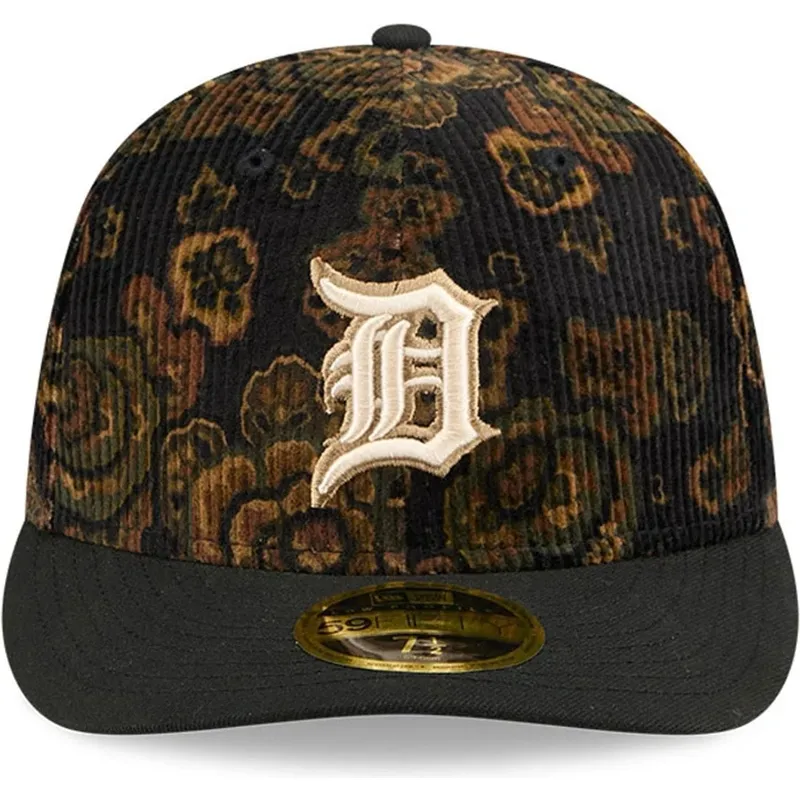schwarze-gebogene-angepasste-kappe-59fifty-low-profile-floral-cord-three-looms-printed-corduroy-von-detroit-tigers-mlb-von-new-e