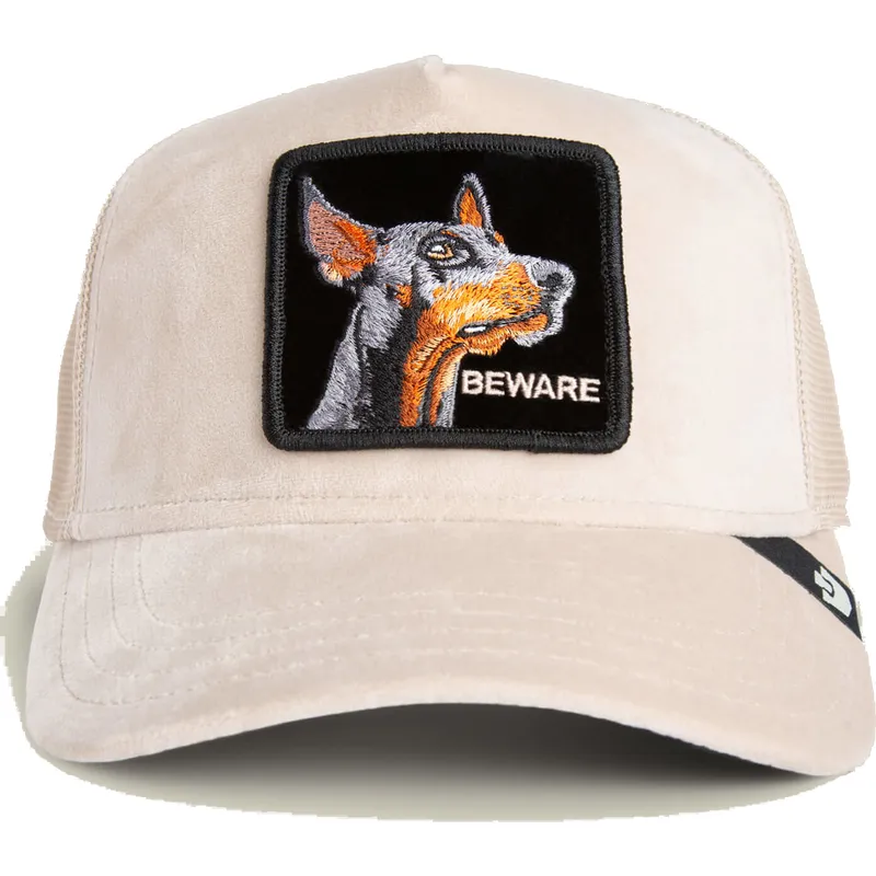 trucker-kasket-beige-hund-dobermann-beware-doberman-velour-the-farm-fra-goorin-bros